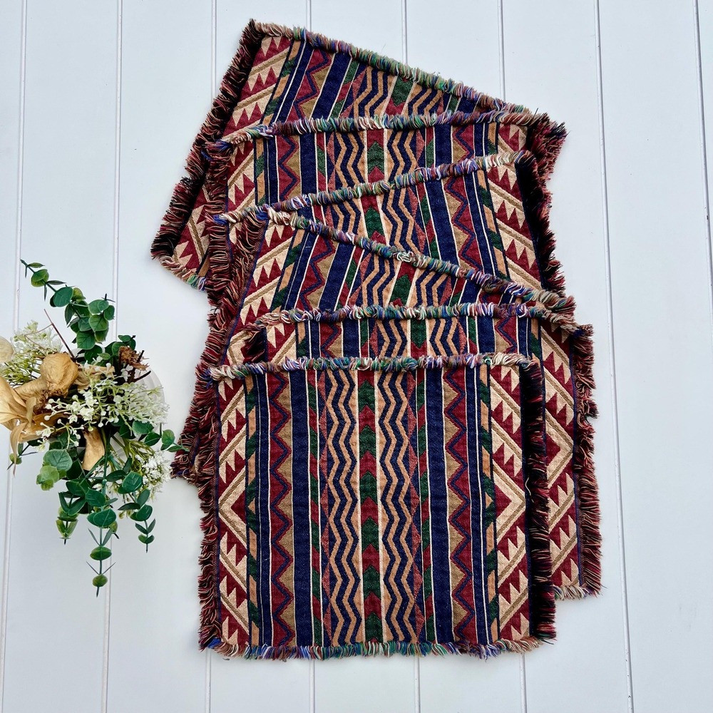 Vintage Southwestern Geometric Fabric Fringe Placemats | Set of 6